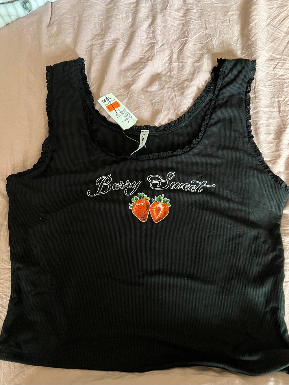 Source Unknown Black Ribbed Tank Top with Strawberry Graphic